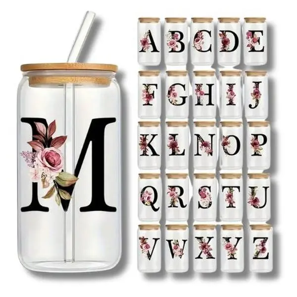 Letter Printed Glass Cup with Straw & Lid - 480ml - Simple and Beautiful - Transparent - Flat Bottom - Hot Drinks - Home or Coffee Shop Use - Drinkware