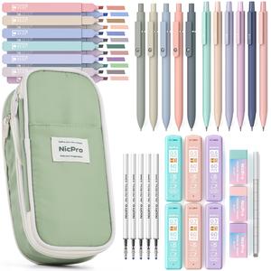 Nicpro 39 PCS Aesthetic School Supplies with Big Capacity Pen Case, 12 Colors Chisel Tip Cute Highlighters, 5 Quick Dry Retractable Black Ink Pens, 6 Pastel Mechanical Pencil 0.5 & 0.7 mm for Students