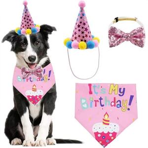 Birthday Party Pet Costume Set, 3 Counts/set Including Pet Hat & Bib & Bow Tie, Pet Birthday Decoration Supplies for Small, Medium and Large Dogs & Cats