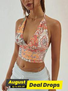 Women's Floral Print Halter Backless Top, Boho Sleeveless Cropped Top for Summer, Women's Chic Sleeveless Clothing for Beach Holiday Vacation, Sleeveless Tie Back Halter Neck Sleeveless Womenswear, Lady Bohemian Summer Floral Lace Halter Tank Tops