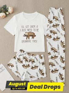Three-piece Set Women's Cute Cartoon Print Tee & Shorts & Pants Pyjama Set, Casual T-shirt & Shorts & Trousers Pj Set, Summer Clothes Women, Pajamas, Summer Friday Set, Nightwear