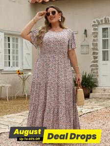 【Plus Size】women's Ditsy Floral Print Pocket Ruffle Hem A Line Dress, Sundress Maxi Dress, Boho Clothes, Summer Clothes Women, Dresses for Women, Casual Boho Butterfly Sleeve Long Dress, Womenswear, Sundresses, Lady Bohemian Print Dresses