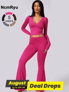 Women's High Elastic Soft Deep V-shaped Long Sleeve Slim Fit Hip Flared Pants Yoga Clothes Suit Outdoor Running Cycling Walking Fashion Gym Sports Training Flared Pants, Workout Running Clothes, Yoga Outfit, Sportswear Clothing, Summer Stylish Activewear