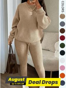 Women's Solid Drop Shoulder Long Sleeve Sweater & Drawstring Waist Pants Set, Casual Style Fashion Cozy Knitwear for Daily Outdoor Wear, Ladies Fall & Winter Clothes