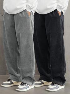 Men's Solid Pocket Drawstring Waist Corduroy Pants, Casual Comfy Straight Leg Trousers for Fall & Winter, Men's Bottoms for Daily Wear