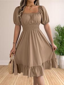 Women's Plain Ruffle Hem Shirred A Line Dress, Casual Boho Minimalist Elegant Boho Style Puff Sleeve Square Neck Knee Length Dress for Summer, Women's Clothing for Daily Wear, Womenswear, Holiday Dresses, Casual Fashion Dresses