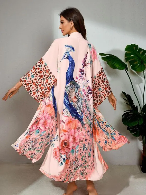 【Plus Size】 Peacock & Floral Print Belted Wrap Kimono Cardigan, Casual Boho Three Quarter Length Sleeve Split Hem Kimono Cardigan, Women's Summer Swimwear for Beach Holiday Vacation