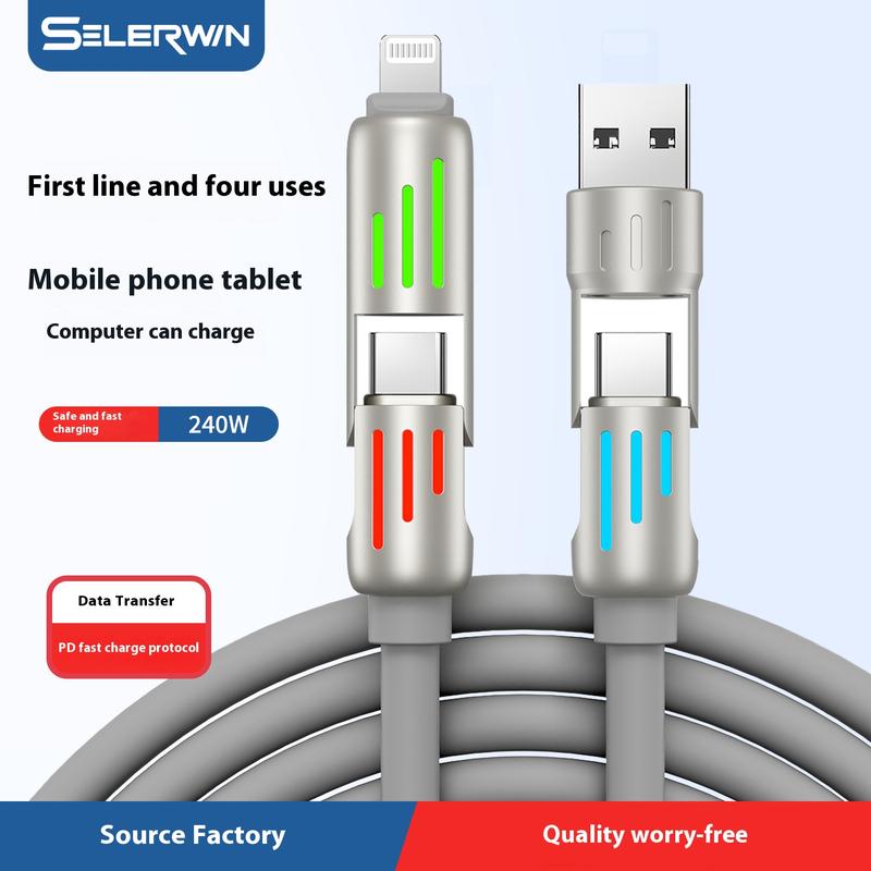 240W Data Cable Four-in-One Colorful Breathing Light Fast Charge Universal Phone Car Multifunction Type-C Charging Cable 6
