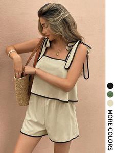 Two-piece Set Women's Contrast Binding Cami Top & Shorts, Casual Sleeveless Top & Shorts for Daily Wear, Ladies Two-piece Outfits for Summer, Womenswear, Breathable Lingerie Set