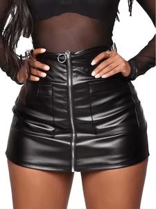 Women's Solid Zip Up PU Leather Skirt, Fashionable High Waist Skirt for Daily Outdoor Wear, Ladies Bottoms for All Seasons