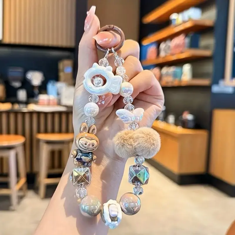 Labubu Acrylic Pom Pom Beaded Keychain/Phone Chain - Fashion Accessory