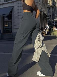 Women's Minimalist Basic Plain Button Front Pocket Cargo Pants, Simple Casual Street High Waist Wide Leg Trousers For Spring & Fall, Ladies' Bottoms For Daily Wear