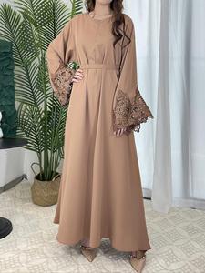 Arabic Clothing-Contrast Lace Long Bell Sleeve Loose Maxi Arabian Dress with Belt, Summer Outfits 2024, Elegant Kaftan Muslim Dress, Islamic Clothes Caftan for Women