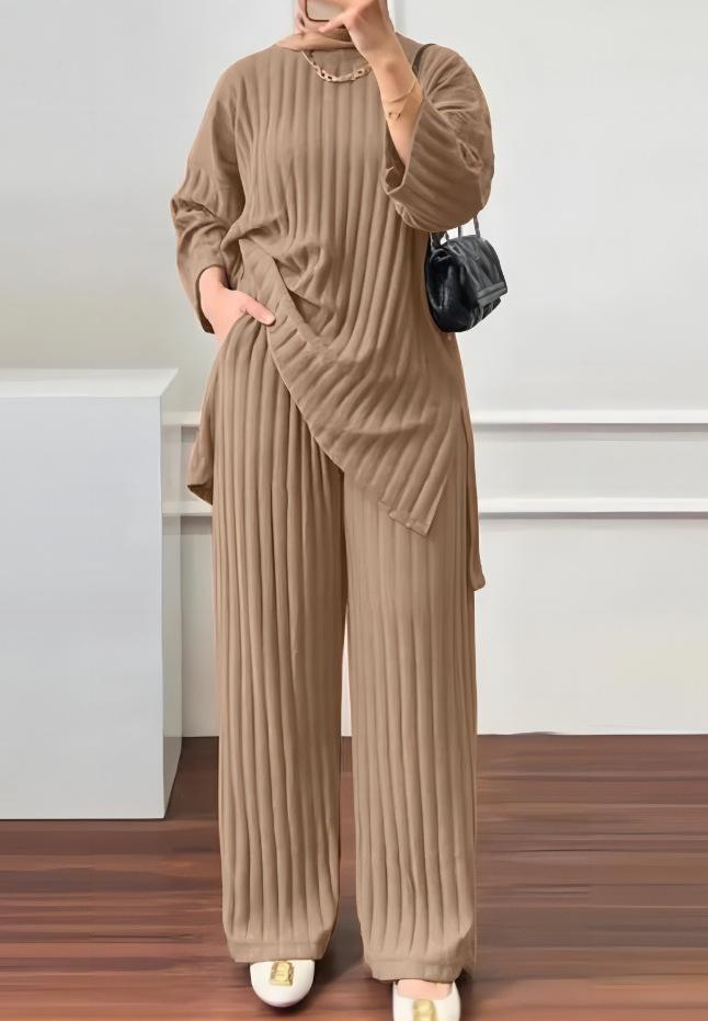 Product Introduction of 2023 Autumn and Winter New Women's Long Sleeve Top Wide Leg Pants Suit Solid Color Casual Sportswear 2 Piece Set 1