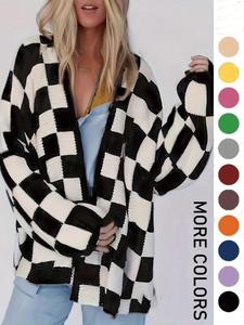 Plus Size Plaid Print Drop Shoulder Cardigan, Casual Long Sleeve Open Front Knitwear for Fall & Winter, Women's Plus Clothing for Daily Wear, Top