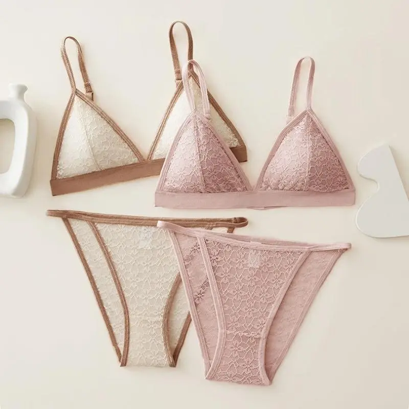 Women Lace Bra And Panties Set Wireless Bralette Low Waist Panties Female Transparent Sexy Lingerie Seamless Underwear Set 0