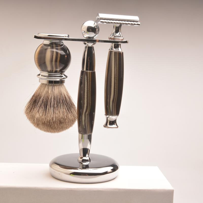 Good Oasis  A Pack of 3 Premium Shaving Items: Razor, Badger Hair Brush, and Metal Stand. Great for Flawless Beard and Mustache Grooming, Enabling Sleek Shaving and a Smooth Finish to Enhance Your Beard Styling Game. 4