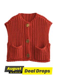Women's Plain Button Front Pocket Sleeveless Workwear Cardigan, Casual Round Neck Sweater Vest for Spring & Fall, Fashion Women's Knitwear for Daily Wear, Tall Clothing Women, Tops for Women, Womenswear, Lady