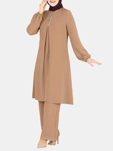 Women's Plain Contrast Sequin Bishop Sleeve Tunic Round Neck Top & Wide Leg Pants Set, Chic Modesty Casual Long Sleeve Top & Trousers for Daily Wear, Ladies Islamic Clothing for All Seasons, Abaya for Women, Outfit Sets Women, Two Piece Set Women