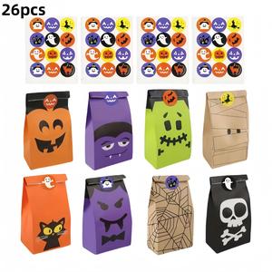 Halloween Candy Bag, 24pcs 8 Styles Candy Gift Paper Bag with 2 Stickers, Halloween Party Favor Bag, Gift Wrapping Supplies for Halloween Party