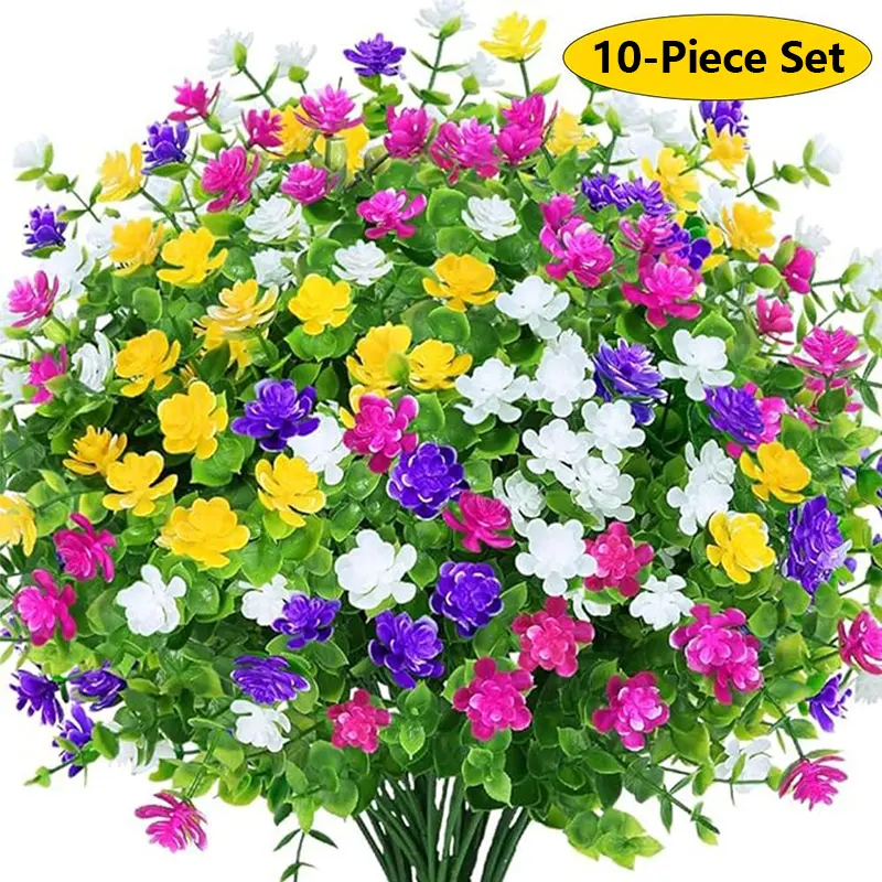 Decorative Flowers, Plants & Fruit Luxury 10-Bundle Artificial Flower Bouquet Set Outdoor UV-Resistant Fadeless Fake Flowers - Boxwood Style Faux Plastic Plants Ideal for Garden Patio Porch Window Box Decor Home Wedding Farmhouse Decorative Plants Outoor