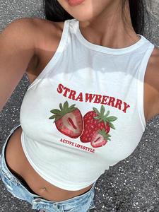 Women's Strawberry Print Round Neck Tank Top, Casual Sleeveless Crew Neck Top for Summer, Ladies Clothes for Daily Wear