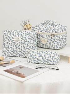 Floral Pattern Makeup Bag Set, Large Capacity Cosmetic Storage Bag with Zipper & Handle, Portable Toiletry Bag for Travel & Daily Use