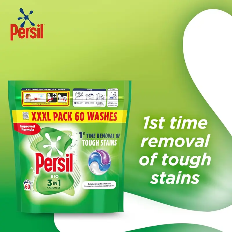 Persil Bio 3 in 1 Washing Capsules 1st time removal of tough stains outstanding stain removal in quick & cold washes 60 washes 3