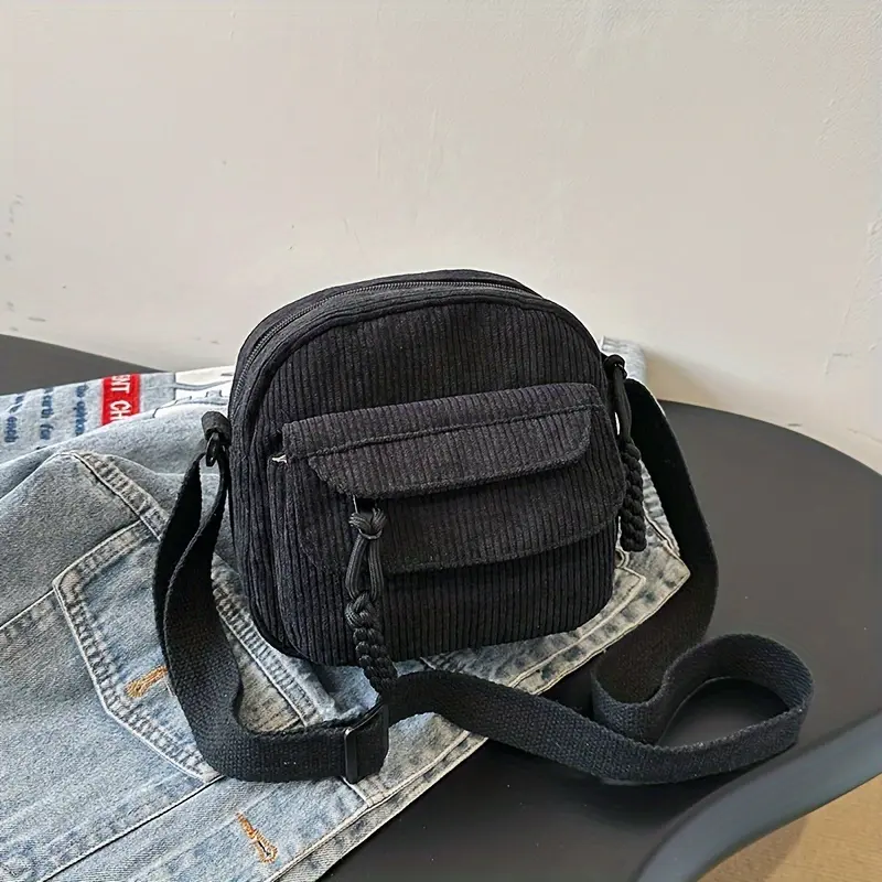 A&H     Harajuku-Style Vintage Corduroy Crossbody Bag - Japanese Casual Shoulder Handbag with Zipper, Striped Design and Polyester Lining - Unisex 5