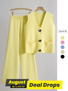 Two-Piece Set Women's Solid Color V Neck Button Up Tank Top & Wide Leg Pants, Casual Fashion Cozy for Daily Outdoor Wear, Ladies Clothes for Summer, Suits