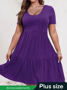 【Plus Size】 Solid Color Tee Dress, Lady Casual Short Sleeve Dress for Summer, Women's Plus Clothing for Daily Wear, Plus Size Dresses, Dress Hide Tummy, Casual Elegant Dress