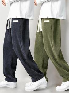 Men's Letter Patched Drawstring Waist Corduroy Pants, Casual Comfy Straight Leg Trousers for Fall & Winter, Men's Bottoms for Daily Wear