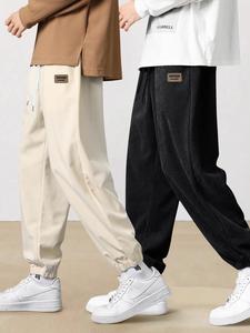 Men's Letter Patched Drawstring Waist Corduroy Pants, Casual Loose Elastic Waist Pocket Trousers for Fall & Winter, Men's Bottoms for Daily Wear