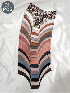 21/36pcs Women's Solid/leopard Print Panty, Summer Clothes, Soft Comfy Breathable Pastel Thongs Knicker for Daily Wear, Multipack Underwear for All Seasons, Underwear for Women, Panties for Women, Colorblock Panties, Womenswear