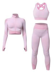 Women's Colorblock Zip Up Crop Top & High Waist Leggings & Bra Three-Piece Set, Athletic Tracksuit, Casual Comfy Breathable Outfits for Yoga Gym Workout, Ladies Clothes for All Seasons