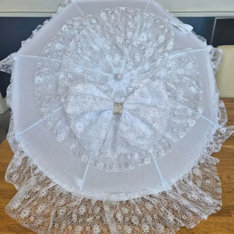 Pram/Pushchair Parasol Universal  White lace Frills and Bows 1