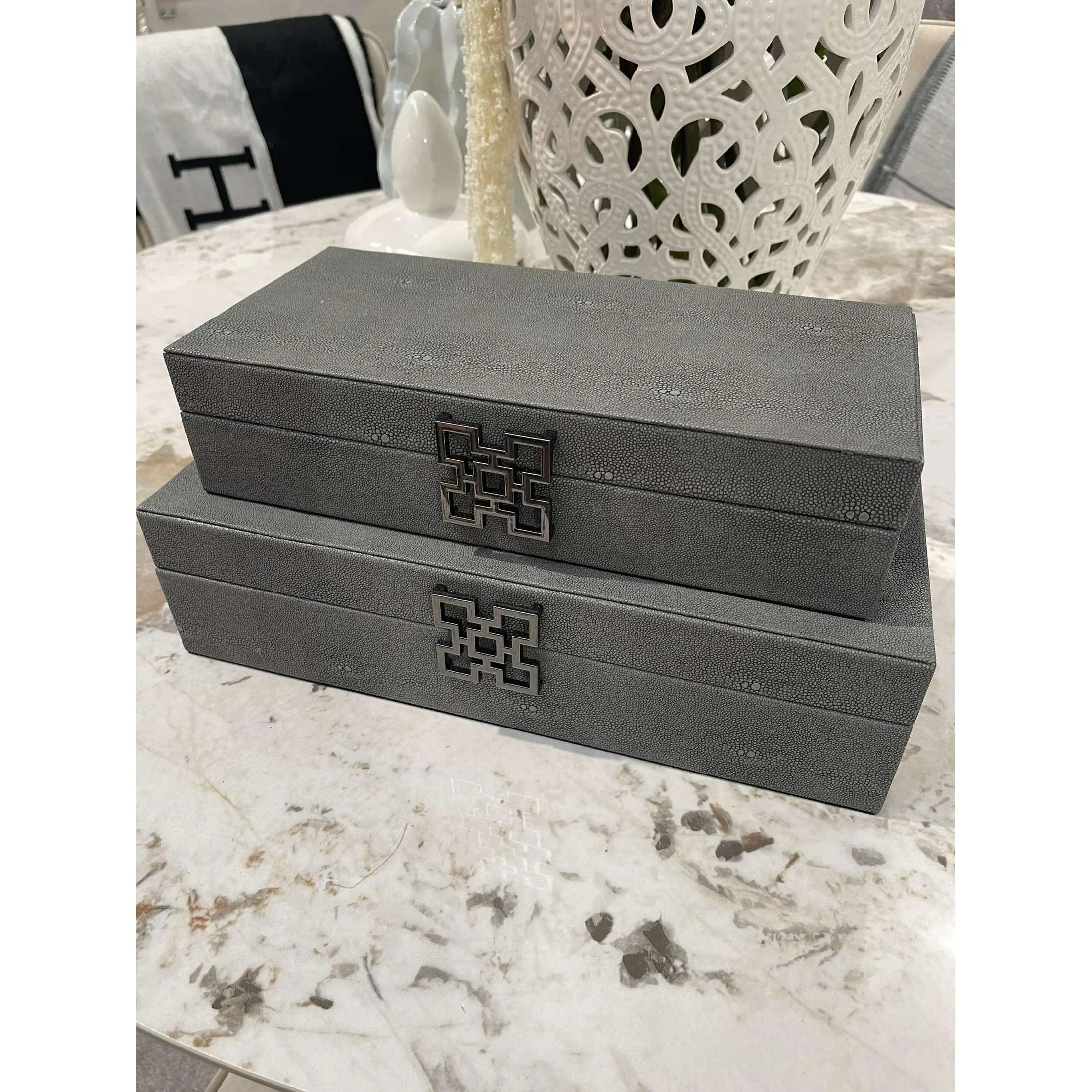 Grey Faux Litchi Leather Storage Boxes with Gunmetal Silver Handle (Set of 2)