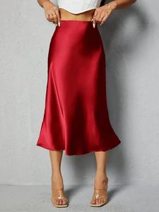 Women's Plain High Waist Satin A Line Skirt, Elegant Fashion Midi Skirt for Daily Outdoor Wear, Ladies Bottoms for All Seasons