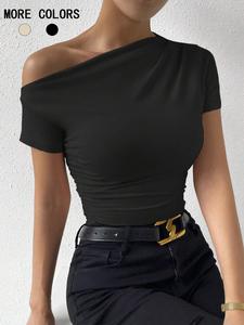 Women's Plain Ruched Asymmetrical Neck Tee Top, Elegant Fashion Short Sleeve T-shirt for Daily Outdoor Wear, Women Clothing for Summer
