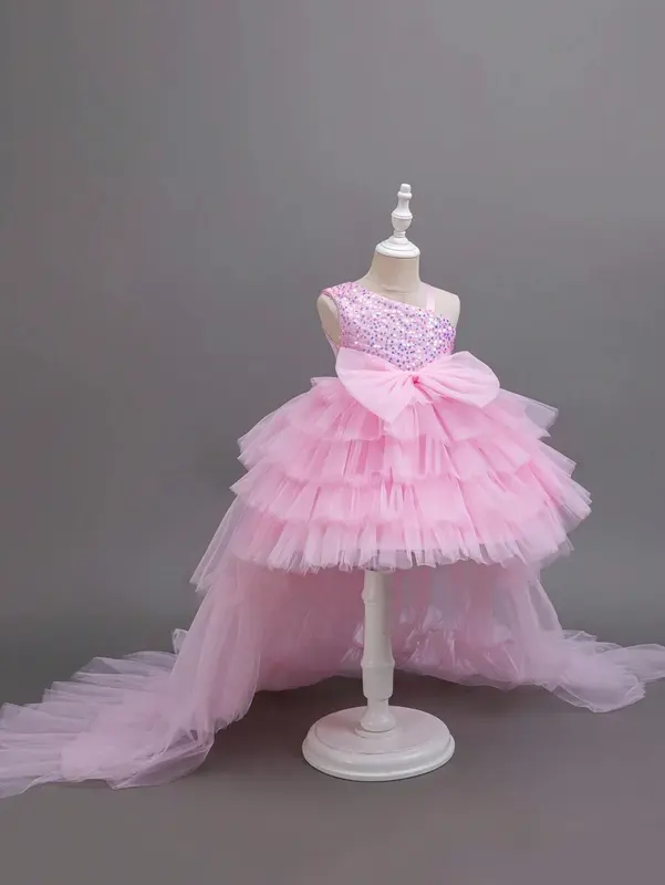 Glamorique Kids Baby Girl Christmas Partywear Santa Dress, New Years Dress - 4 Seasons Birthday Party Gown, Pink Sequin Tulle Cake Skirt, Diagonal Strap Soft Princess Dress 0