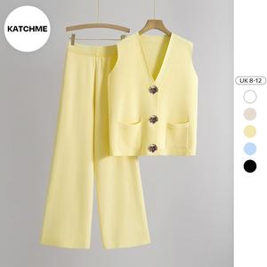 KatchMe Women's Minimalist Solid Color V Neck Button-Up Tank Top & Wide Leg Trousers Co-ord, Slouchy Two Piece Outfits, Comfortable Womenswear