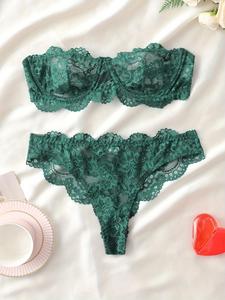 Women's Floral Lace Sexy Lingerie Two-piece Set, Romantic Underwire Bandeau Bra & Thong, Breathable Comfortable Lingerie Set for Daily Wear, Women's Underwear Set for All Seasons, Lingerie for Women, Womenswear, Premium Fabric