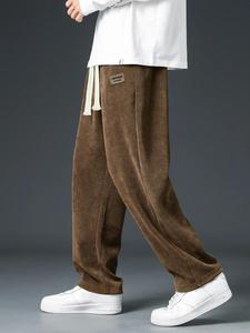 Men's Letter Print Drawstring Waist Corduroy Pants, Loose Casual Comfy Straight Leg Trousers for Fall & Winter, Men's Bottoms for Daily Wear