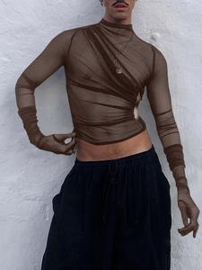 Men's Mockneck Long Sleeve Mesh Sheer Tee, Casual Sexy See Through Net Yarn T-Shirt for Night Club Party, Fashion Men's Top for All Season