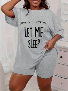 【Plus Size】 Letter Print Tee & Shorts Pyjama Set, Casual Comfy Short Sleeve T-shirt & Shorts PJ Set, Women's Sleepwear for Summer, Pajama Sets Women, Nightwear Loungewear Set
