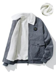 Men's Solid Patched Pocket Zipper Jacket, Loose Casual Long Sleeve Fuzzy Collared Outerwear for Fall & Winter, Men's Clothes for Daily Wear