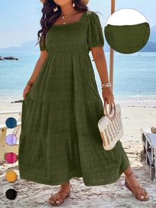 【Plus Size】Textured Ruched Puff Sleeve Square Neck A Line Dress, Comfortable Soft Boho Short Sleeve Dress for Summer, Women's Clothes for Daily Wear