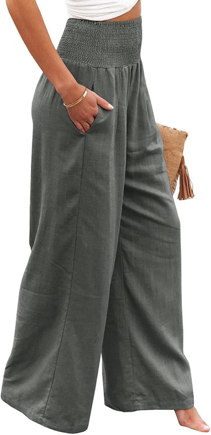 Product Introduction of Women's Plain Pocket Shirred Wide Leg Pants, Casual Elastic Waist Trousers for Beach Vacation Holiday, Ladies Bottoms for All Seasons 14