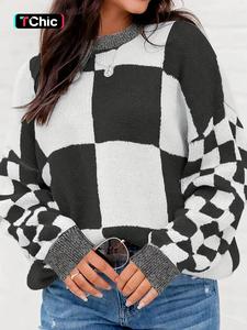Women's Plaid Print Drop Shoulder Sweater, Casual Long Sleeve Round Neck Jumper for Fall & Winter, Fashion Ladies' Knitwear for Daily Wear