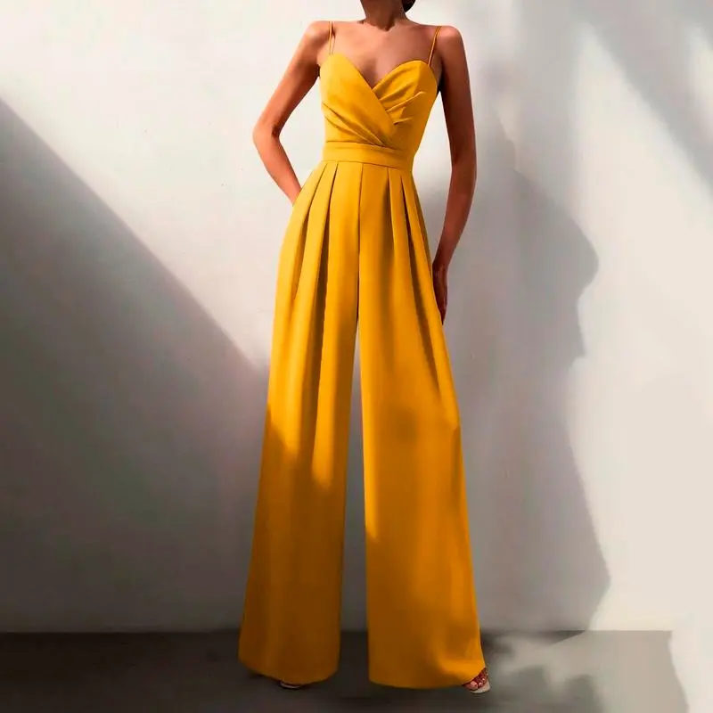 [2025]Elegant Suspenders V Neck Jumpsuit Women Fashion Sleeveless Backless High Waist Jumpsuit Solid Color Party Overalls For Women 8